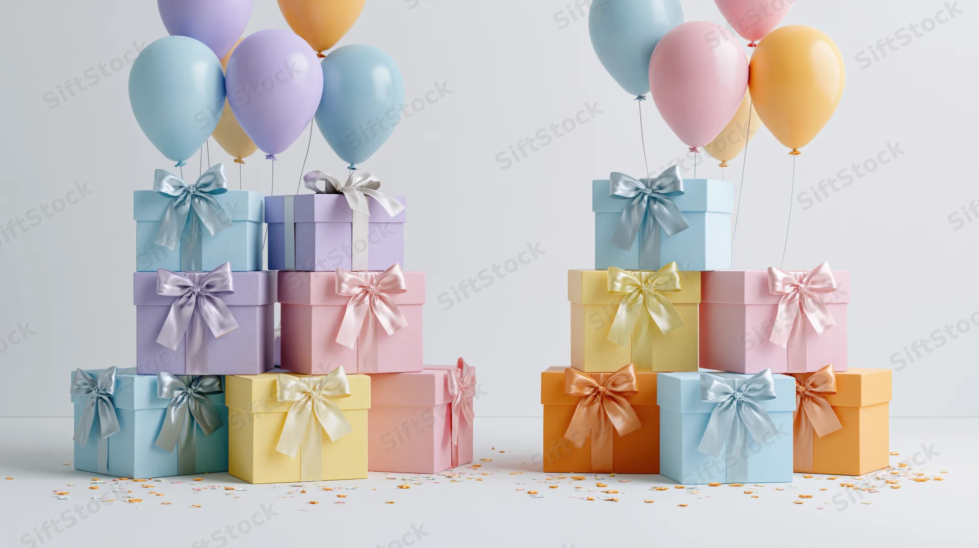 Two stacks of pastel gift boxes with ribbon bows and balloons on a white surface