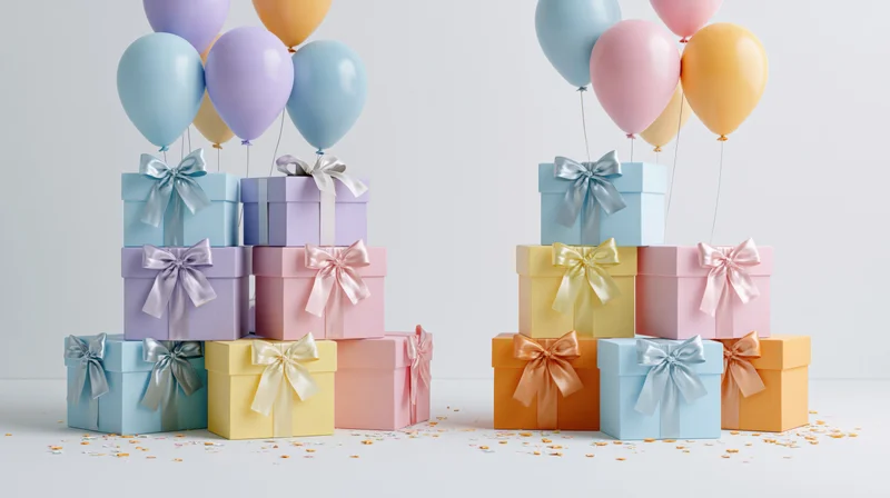 Two stacks of pastel gift boxes with ribbon bows and balloons on a white surface