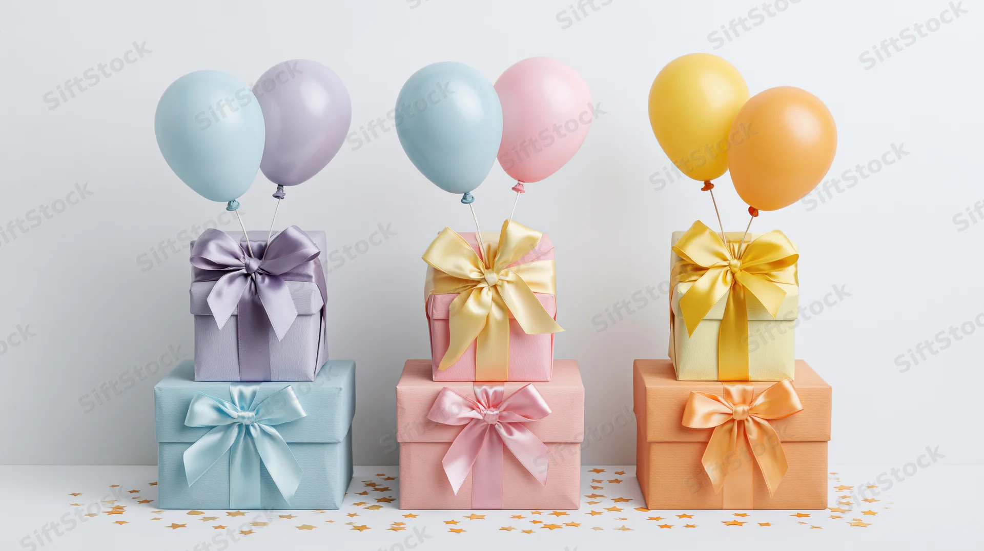 Three stacked gift boxes with ribbon bows and balloons on a white surface with scattered star confetti