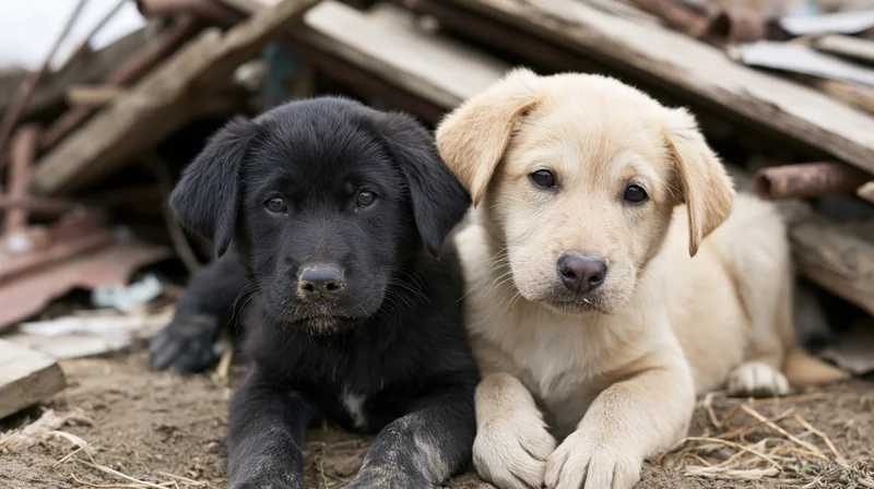 Two stray puppies, one black and one tan, lying together on dirt near wooden debris