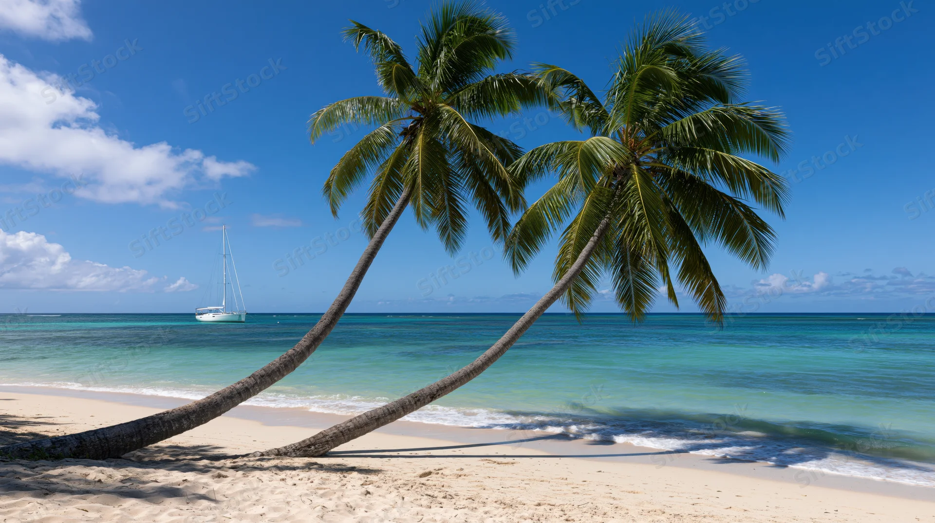 Two coconut palm trees leaning over a sandy beach with a sailboat on the turquoise ocean under a blue sky