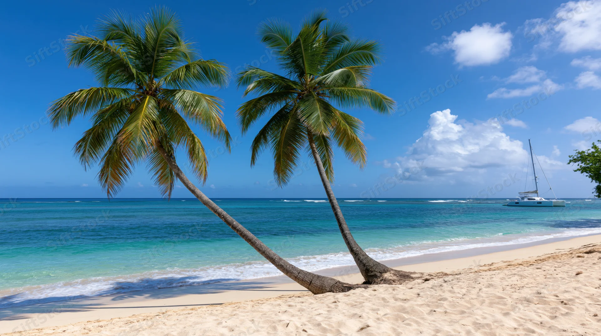 Two leaning coconut palm trees on a sandy beach beside turquoise ocean with sailboat in distance