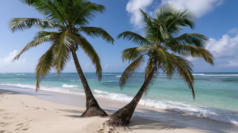 Two coconut palm trees leaning over white sand beach with turquoise ocean waves and blue sky