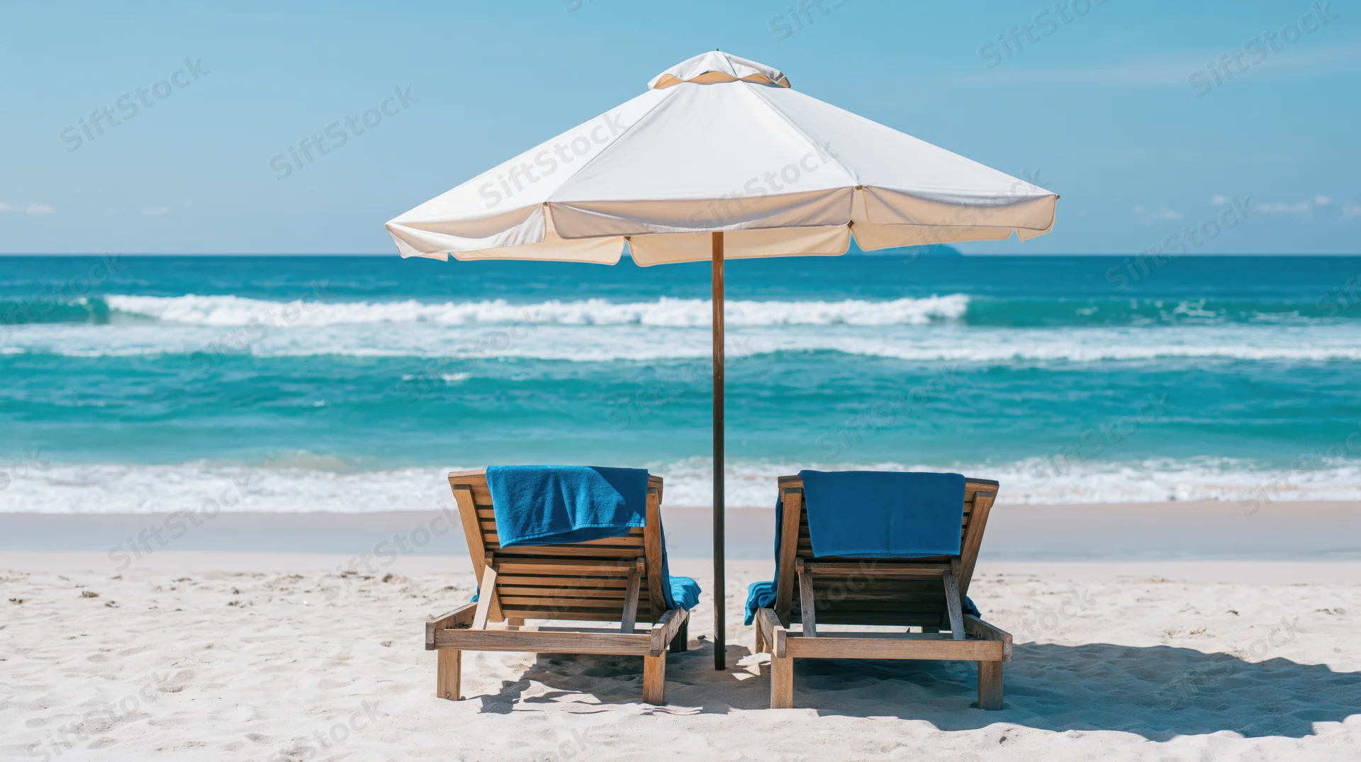 Two wooden beach loungers with blue towels under a white umbrella on sandy shore facing ocean waves