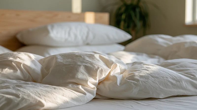 Unmade bed with rumpled white cotton duvet and stacked pillows in a sunlit bedroom