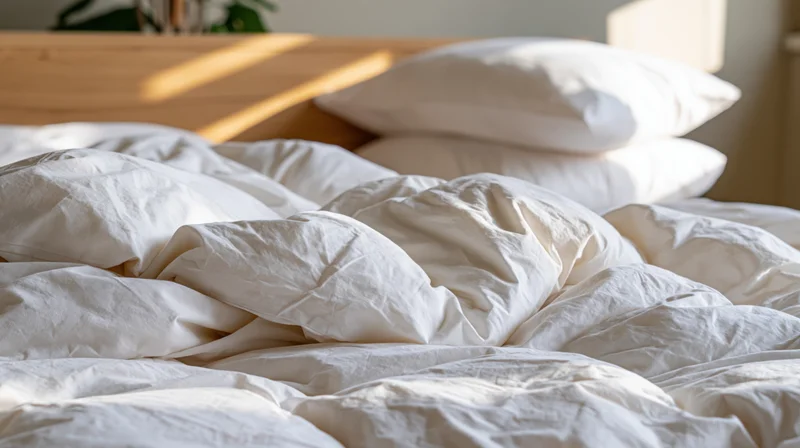 Unmade bed with rumpled white cotton duvet and stacked pillows in a sunlit bedroom