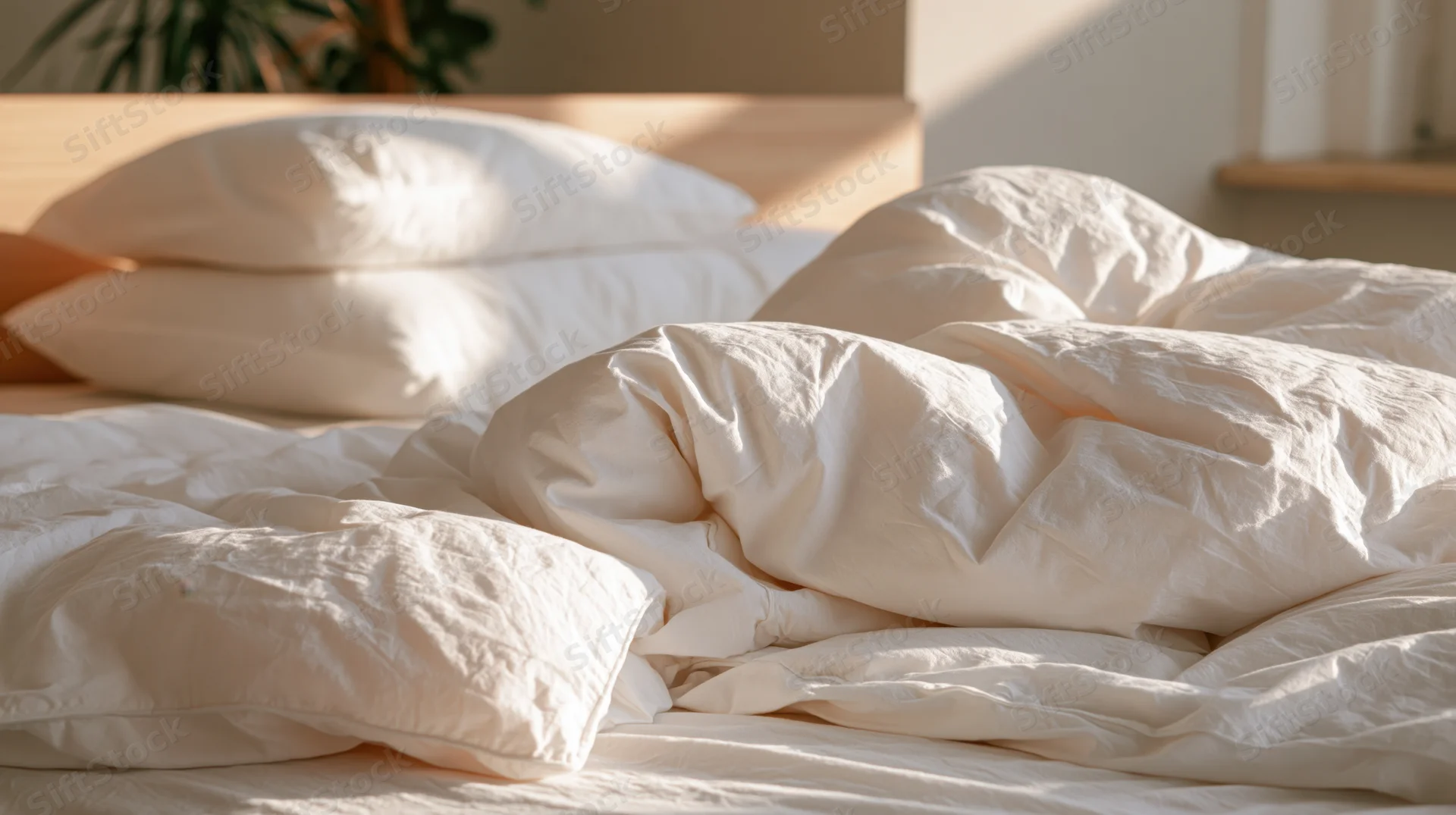 Unmade bed with rumpled white cotton duvet and stacked pillows in a sunlit bedroom