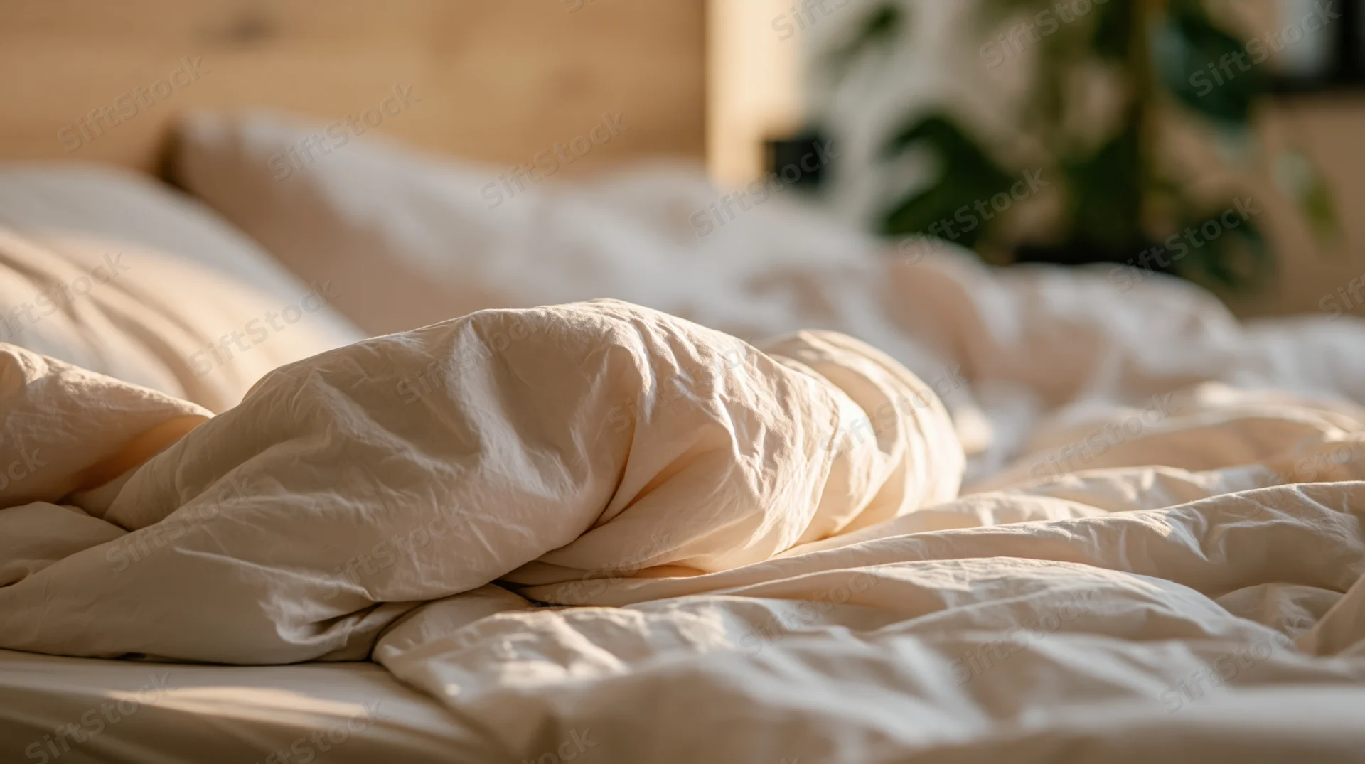 Unmade bed with rumpled white cotton duvet and pillows in a sunlit bedroom