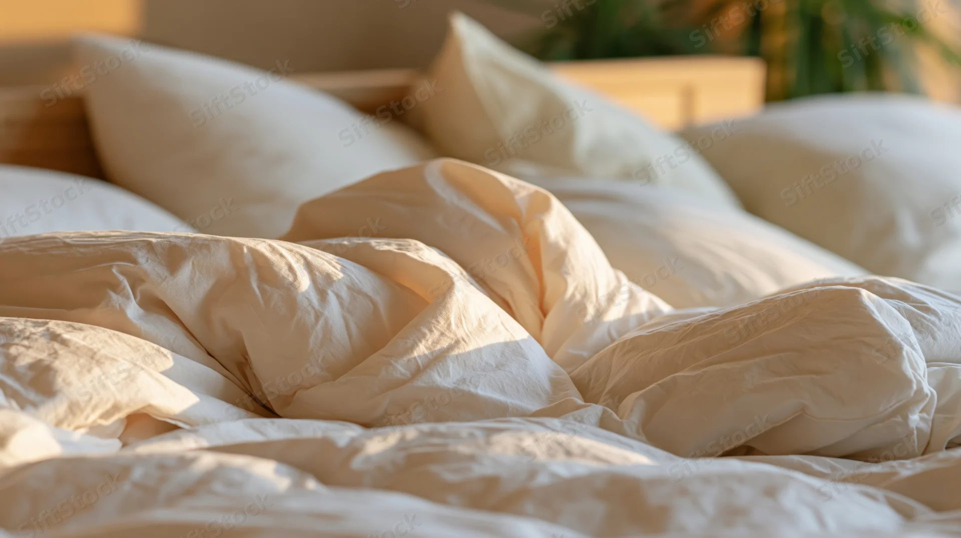 Unmade bed with rumpled white cotton duvet and pillows in a sunlit bedroom