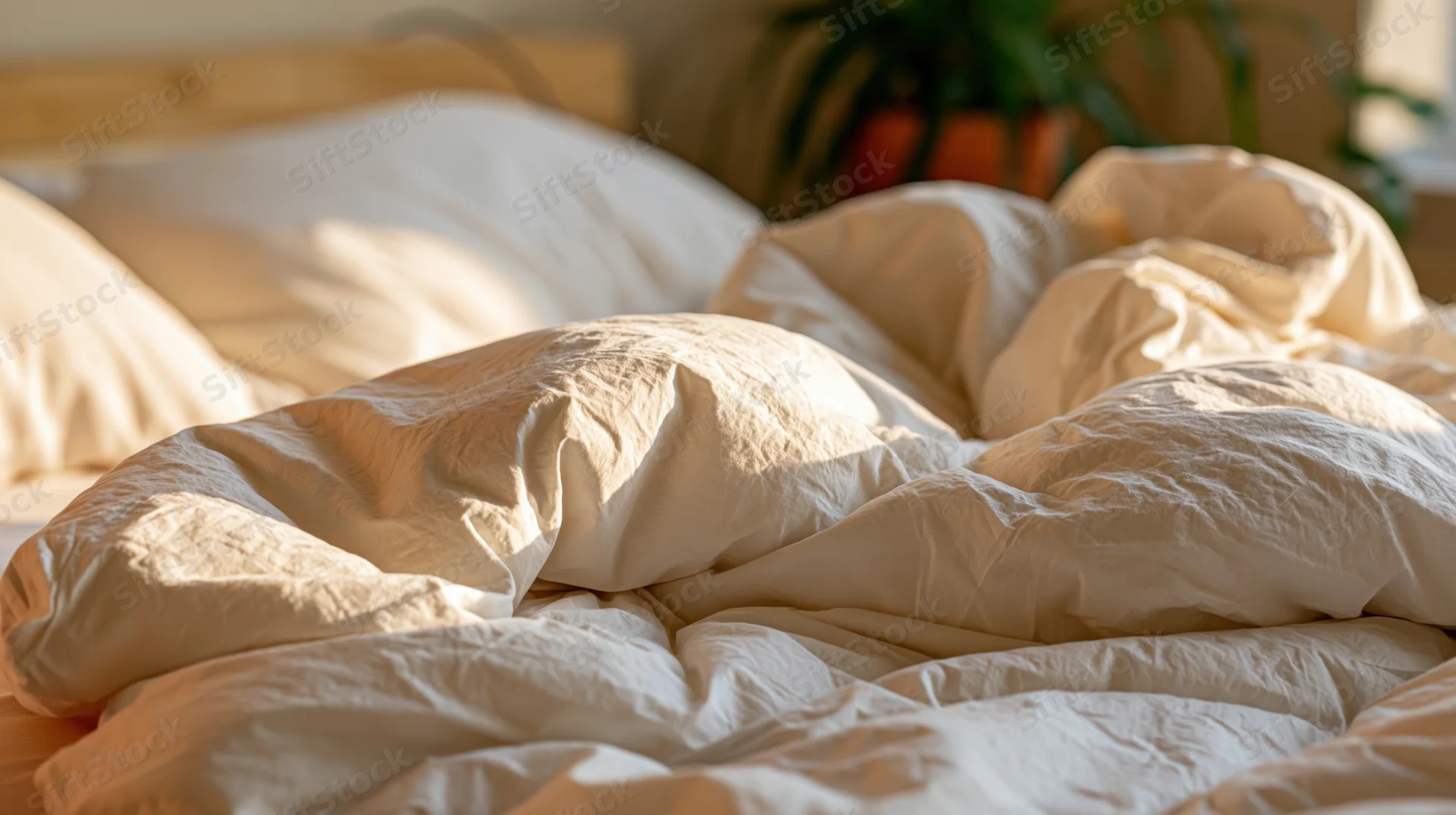 Unmade bed with rumpled white cotton duvet and pillows in a sunlit bedroom