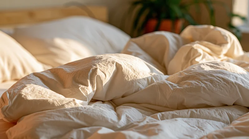 Unmade bed with rumpled white cotton duvet and pillows in a sunlit bedroom