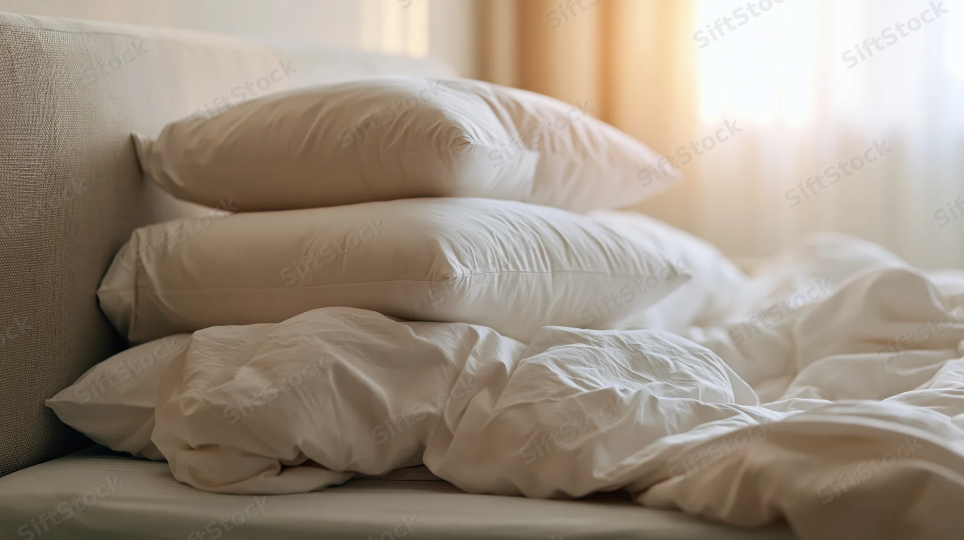 Unmade bed with rumpled white cotton sheets and three pillows against a headboard in a hotel bedroom with sunlight through curtains