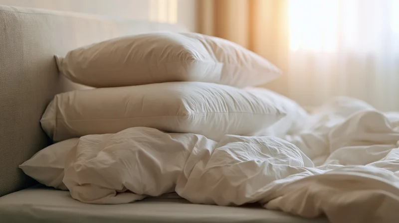 Unmade bed with rumpled white cotton sheets and three pillows against a headboard in a hotel bedroom with sunlight through curtains