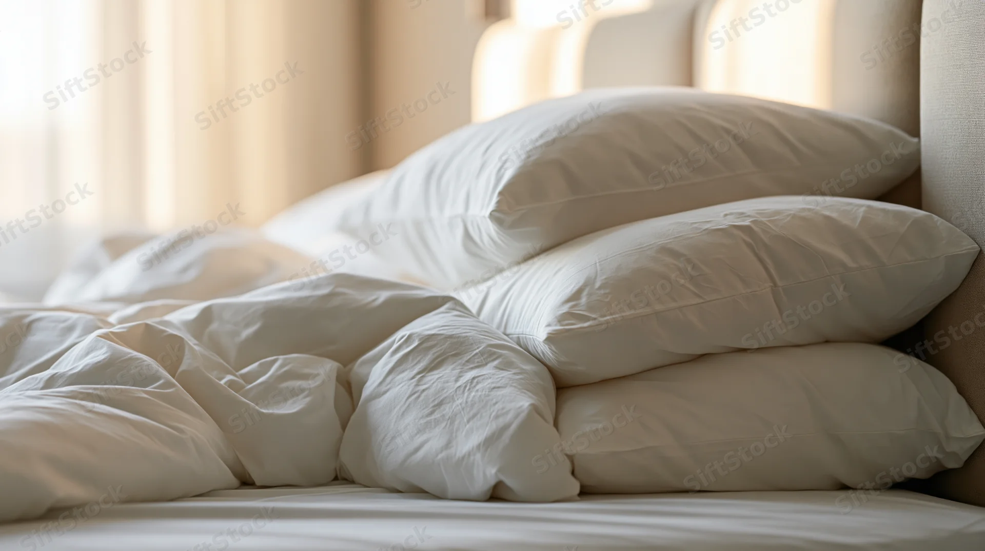 Unmade hotel bed with rumpled white cotton sheets and three stacked pillows against a headboard near a window