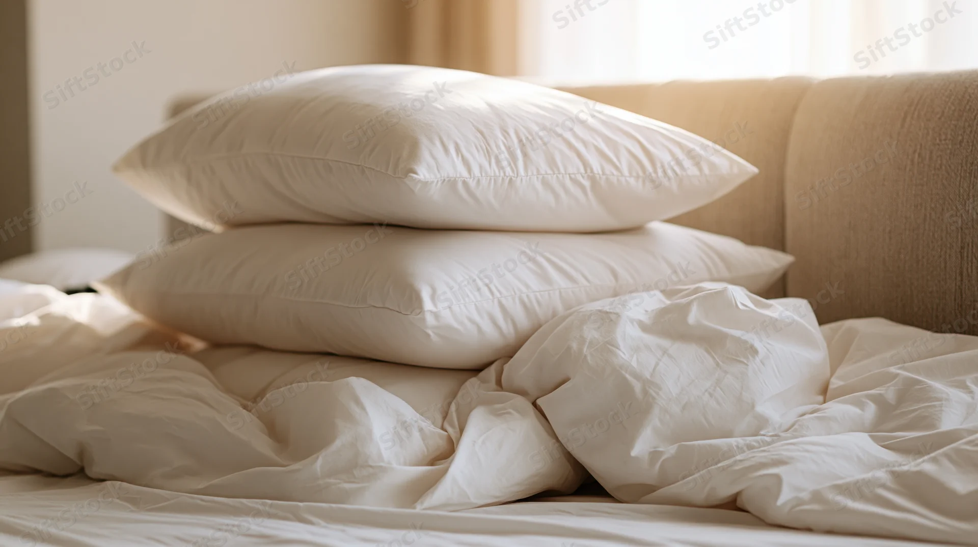 Unmade bed with rumpled white cotton sheets and stacked pillows in a hotel bedroom