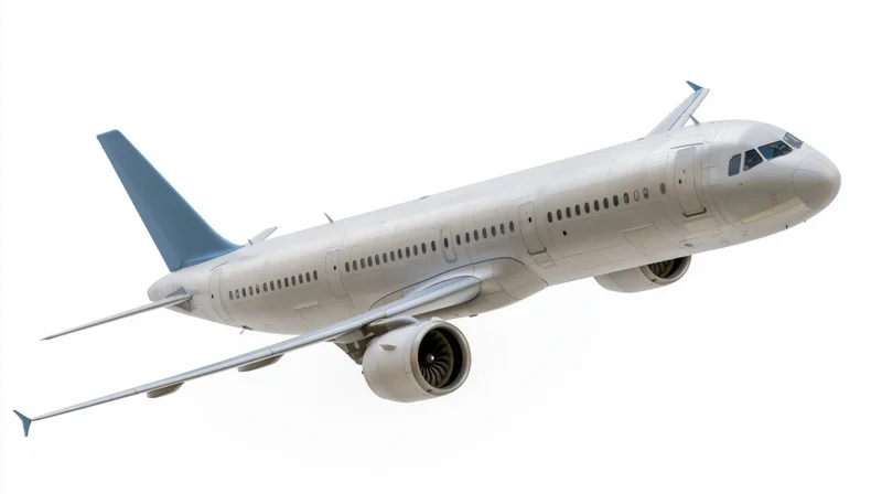 Unpainted commercial passenger jet aircraft in flight against white background