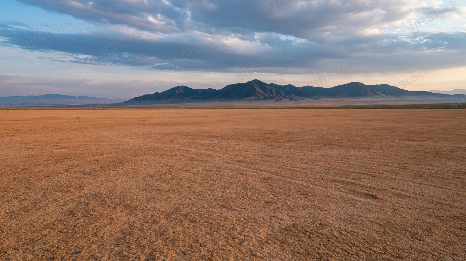 Vast flat desert plain stretching toward distant mountains under cloudy sky at dusk