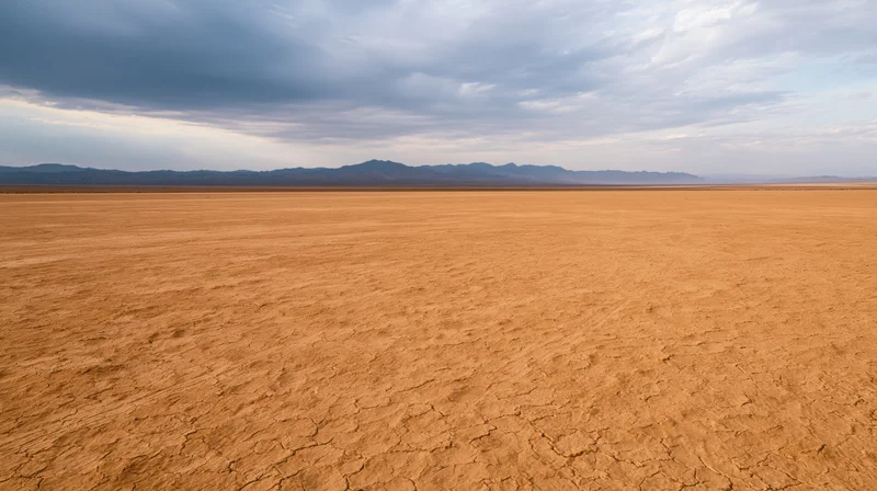 Vast cracked desert plain stretching toward distant mountains under cloudy sky