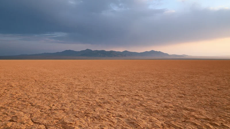Vast cracked desert plain stretching toward distant mountains under overcast sky at dusk