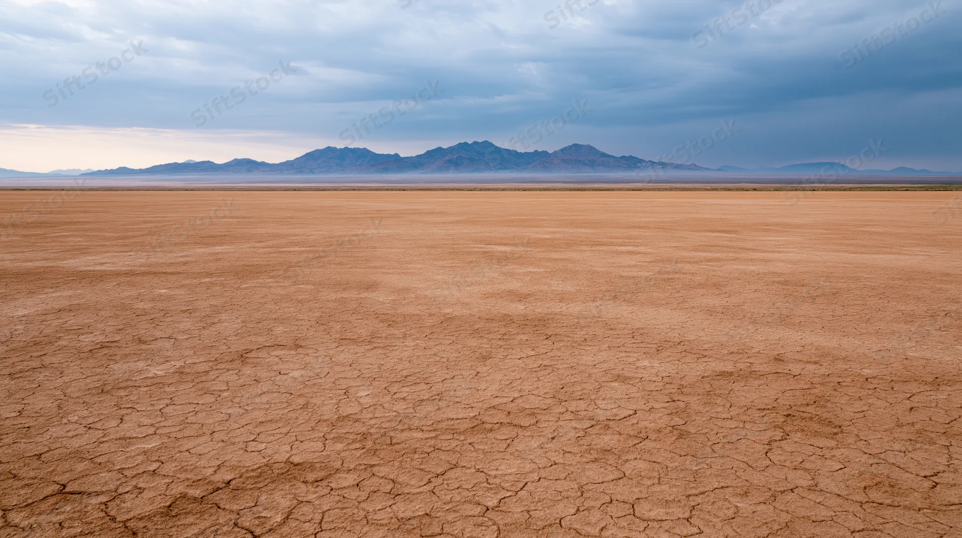 Vast cracked desert plain stretching toward distant mountains under overcast sky