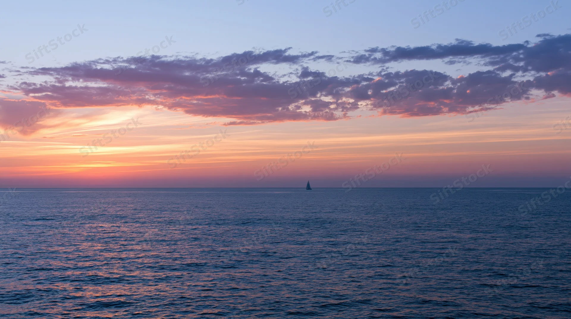 Distant sailboat silhouetted on calm ocean at sunset under colorful sky