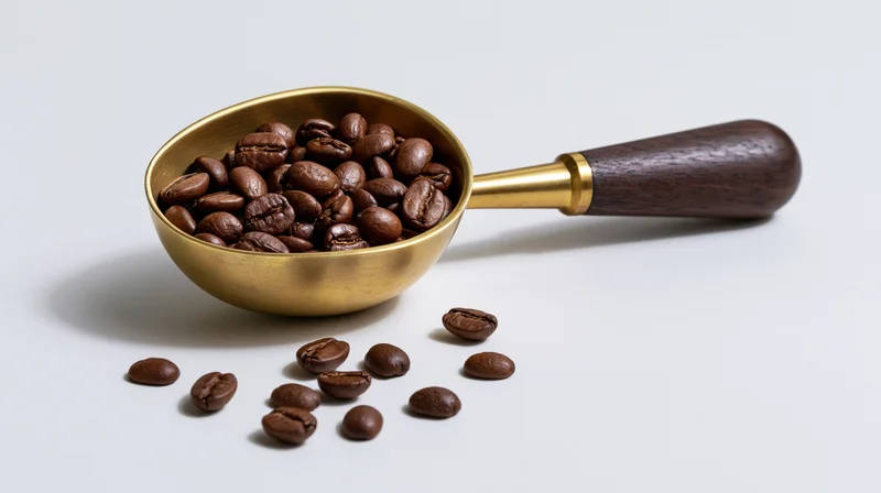 Brass coffee scoop filled with roasted beans on white surface