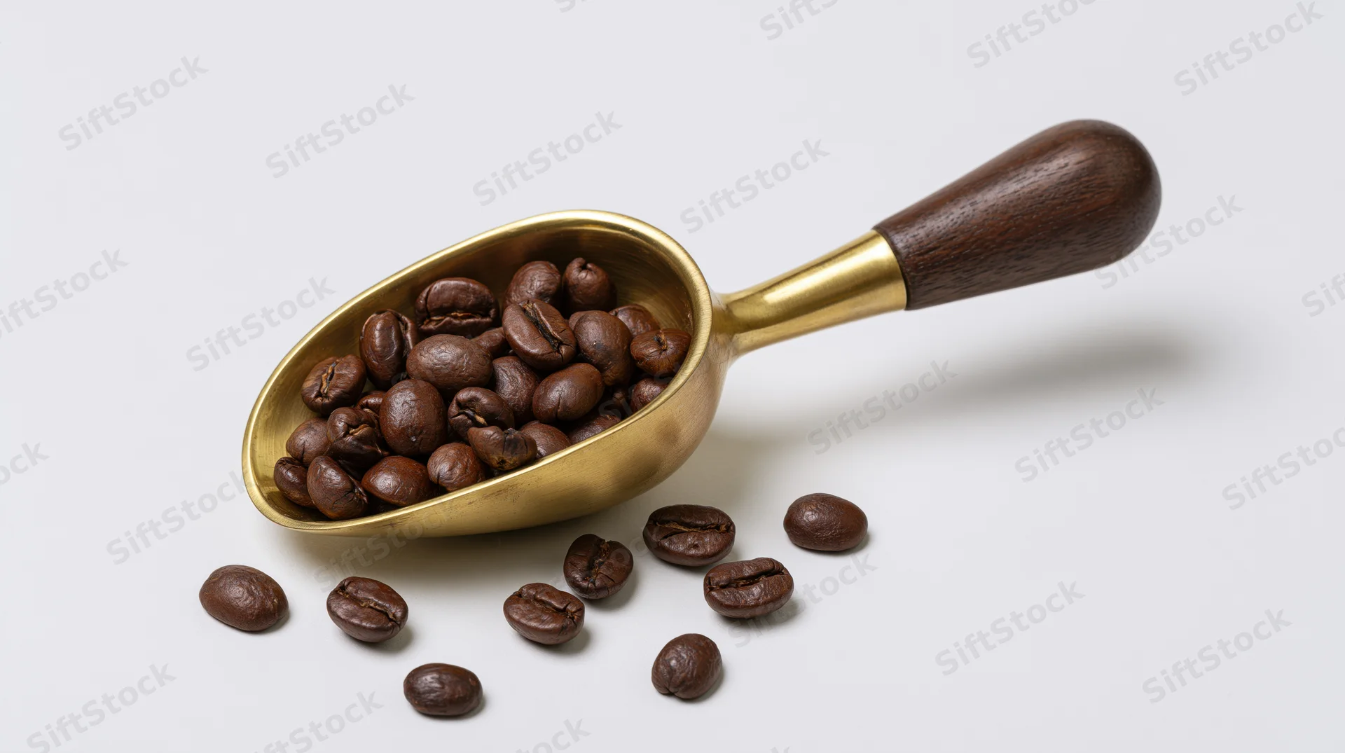 Brass coffee scoop with dark walnut handle holding roasted coffee beans on white surface
