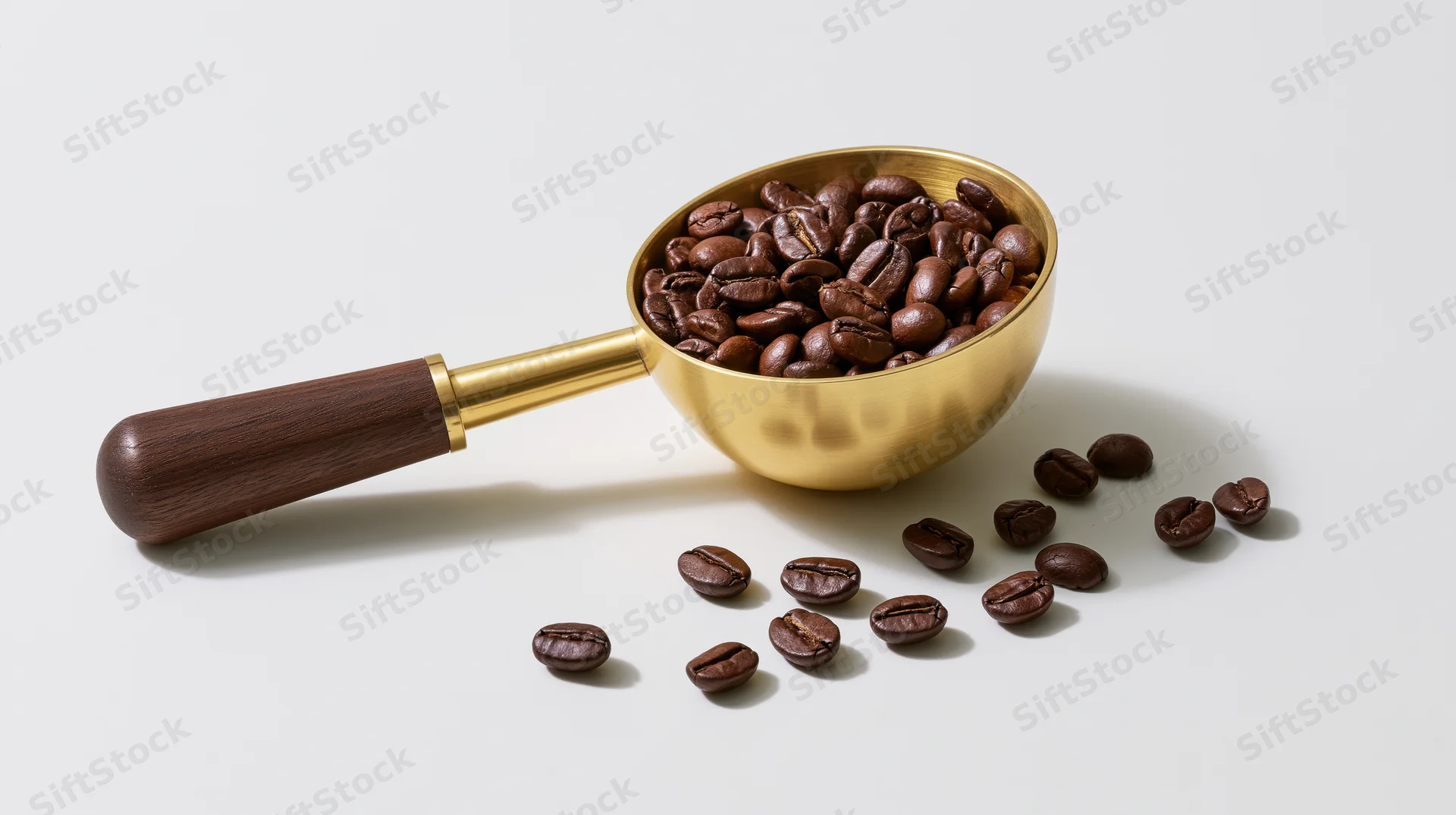 Brass coffee scoop with wooden handle holding roasted beans on white surface