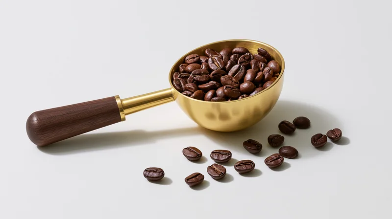 Brass coffee scoop with wooden handle holding roasted beans on white surface