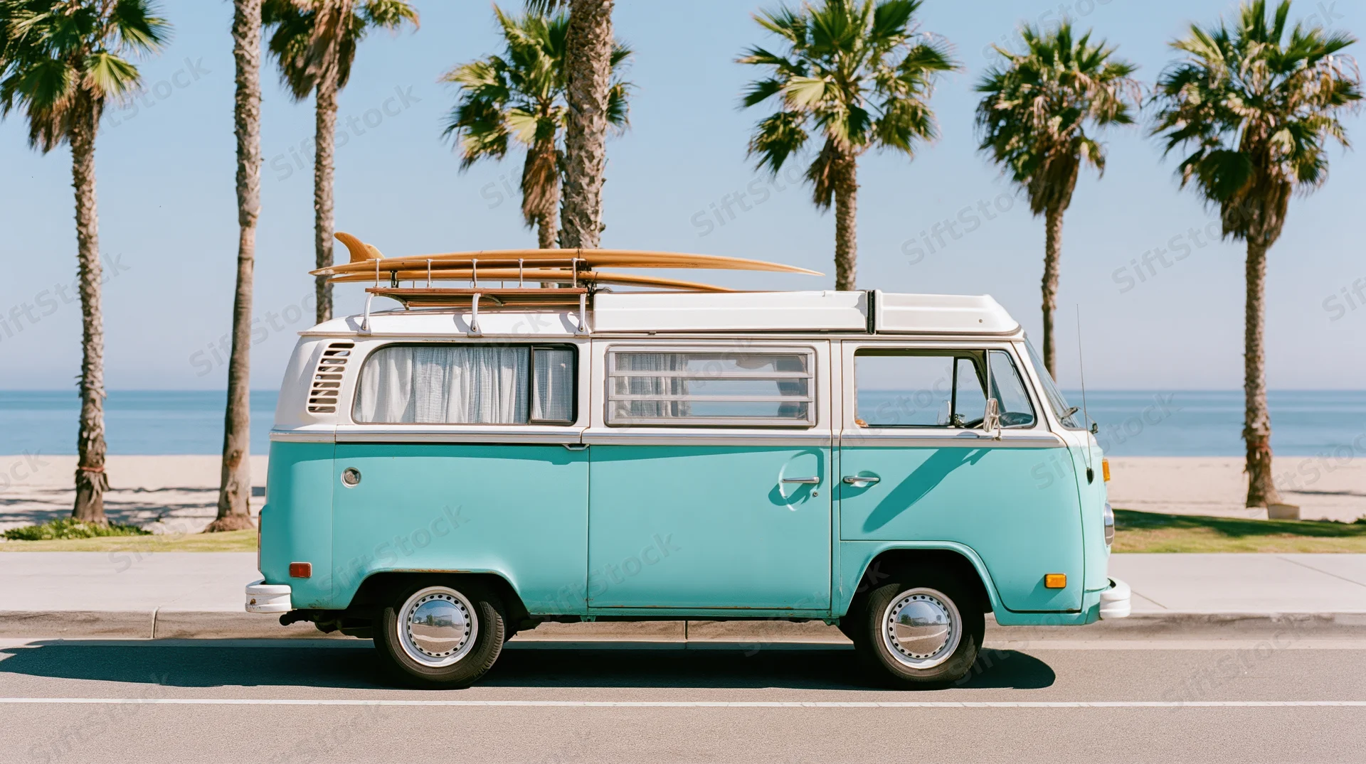 Vintage turquoise and white volkswagen camper van parked on beachside road with surfboard on roof rack near palm trees and ocean