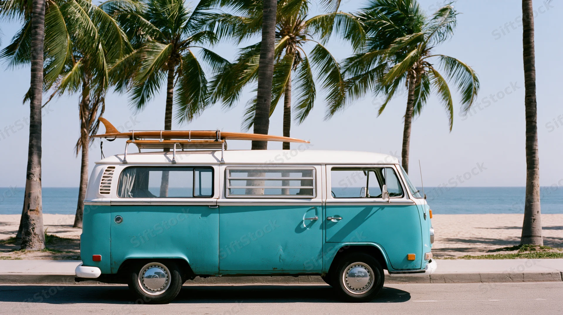Vintage turquoise and white volkswagen camper van parked on beachside road with surfboard on roof rack near palm trees and ocean