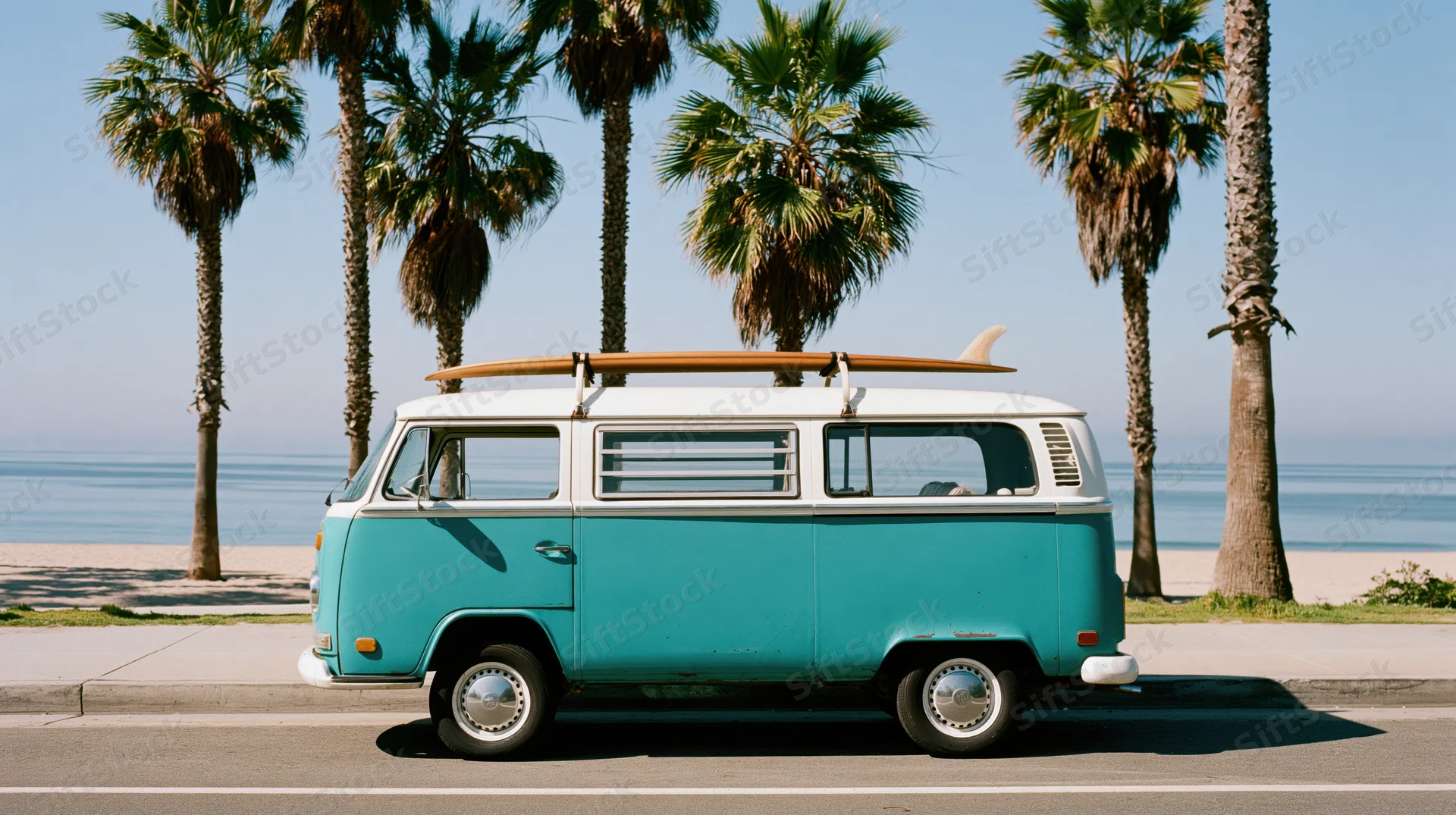 Vintage turquoise and white volkswagen camper van parked on coastal road beside beach with palm trees and surfboard on roof