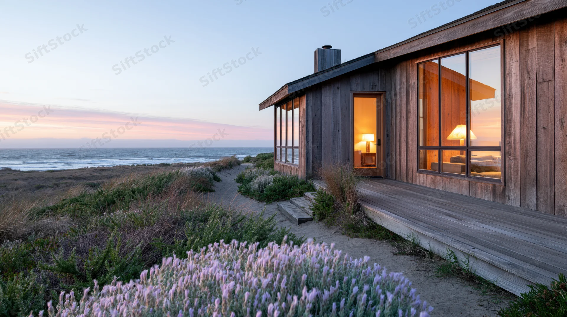 Weathered cedar beach house with floor-to-ceiling windows and lit interior overlooking ocean at sunset