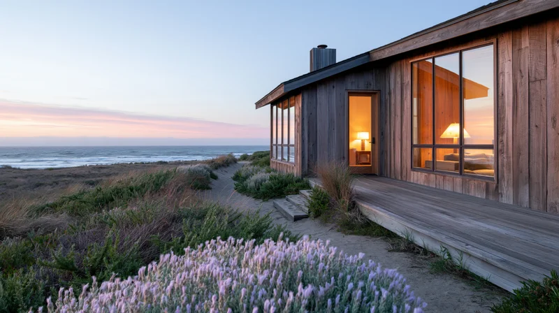 Weathered cedar beach house with floor-to-ceiling windows and lit interior overlooking ocean at sunset