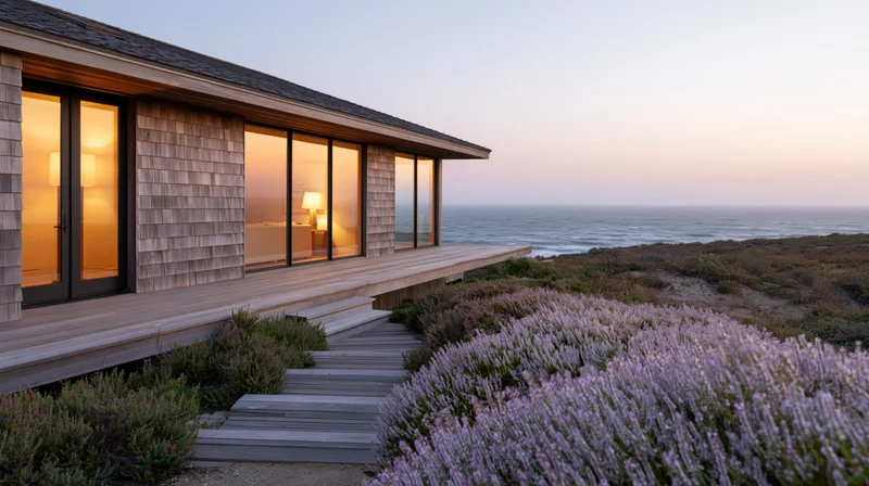Modern beach house with floor-to-ceiling windows and wooden deck overlooking ocean at sunset