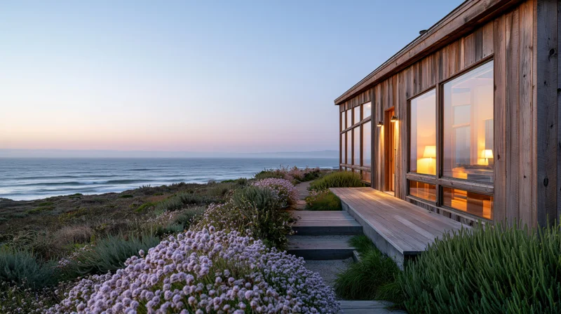 Weathered cedar beach house with floor-to-ceiling windows overlooking ocean at sunset