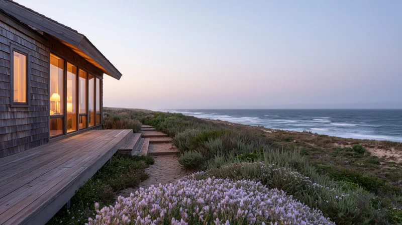 Weathered cedar beach house with floor-to-ceiling windows and wooden deck overlooking ocean at sunset
