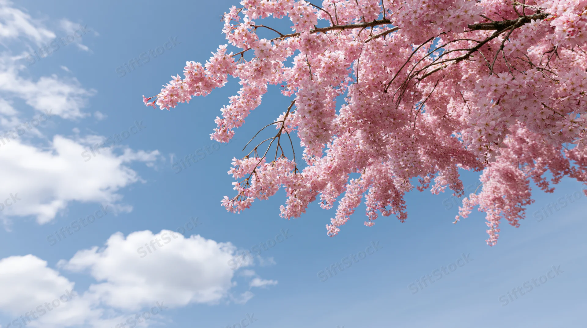 Weeping cherry tree branches with dense pink blossoms against a blue sky with scattered clouds