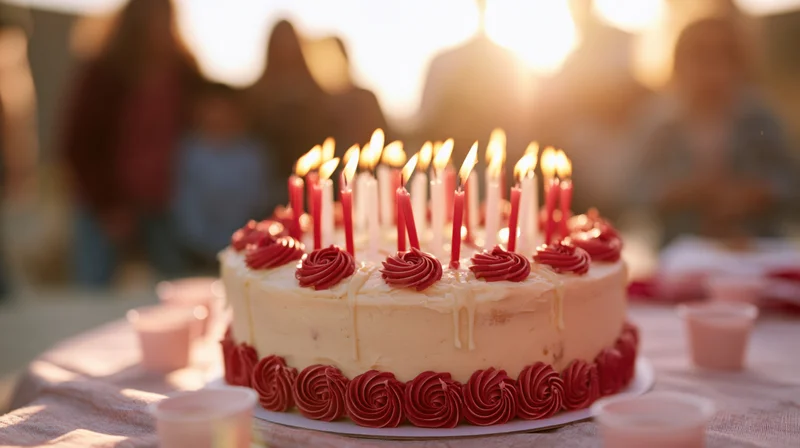 Birthday cake with lit red and white candles on a table at sunset with people in the background