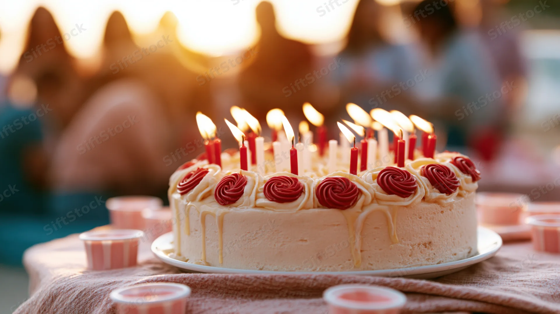 White-frosted birthday cake with lit red and white candles on a table at sunset with people in the background
