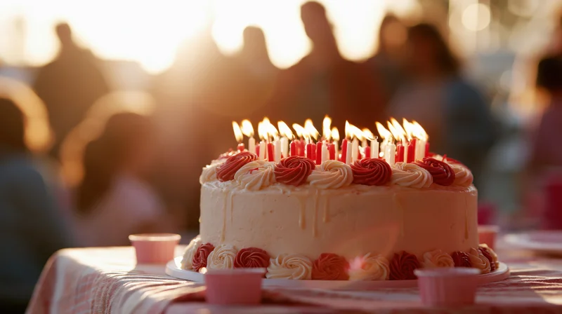White-frosted birthday cake with lit red and white candles on a table at sunset with people in the background