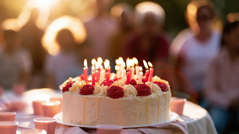 Birthday cake with lit candles on a table outdoors at sunset with people in the background