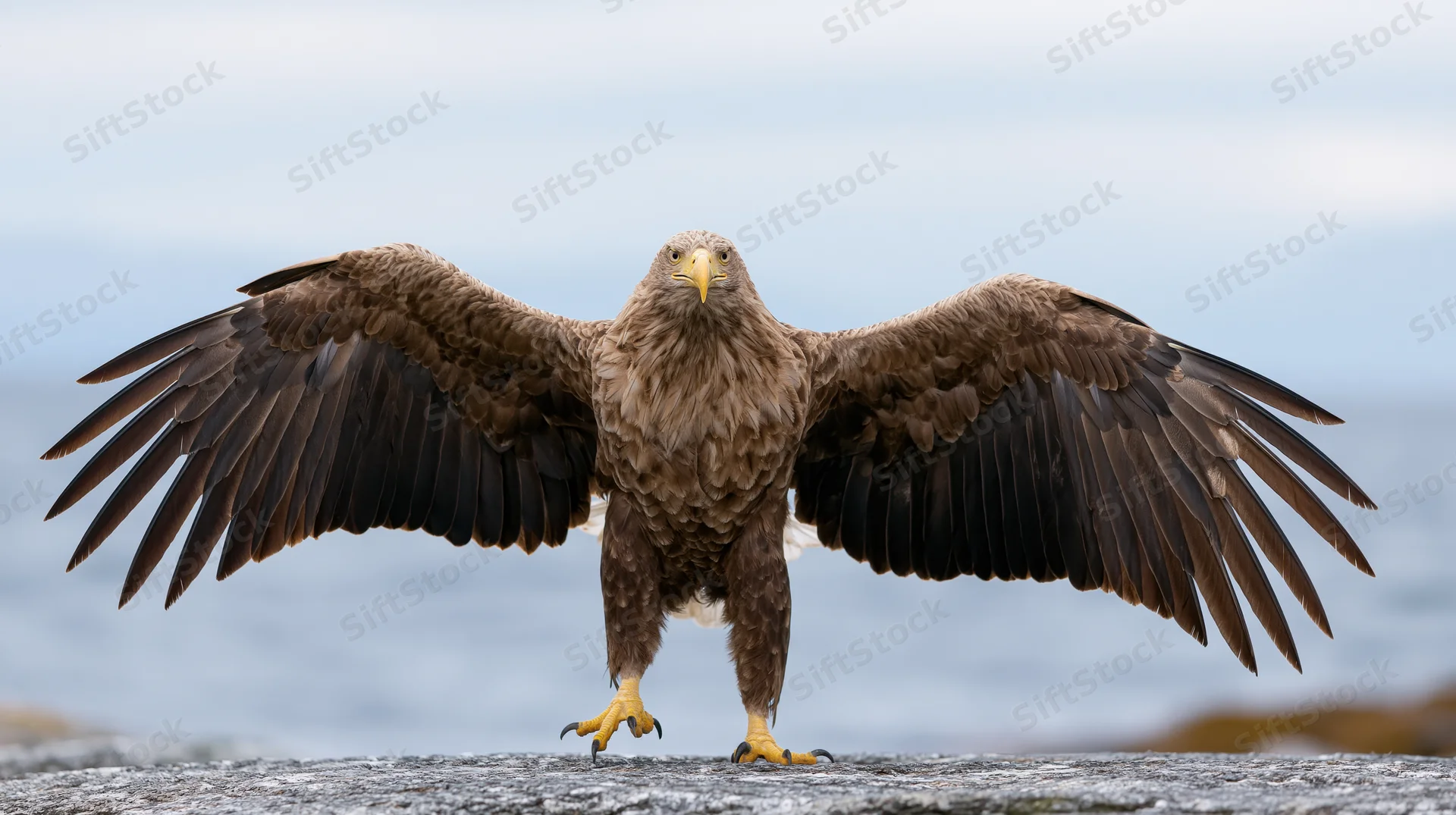 White-tailed eagle landing with wings fully spread on rocky shore facing camera
