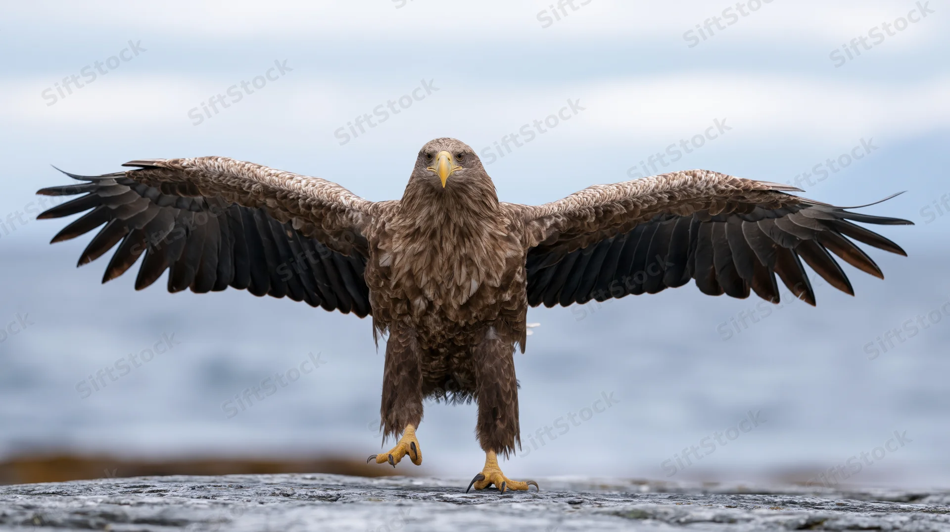 White-tailed eagle landing with wings spread wide on rocky shore facing camera