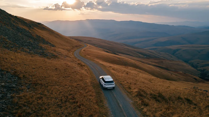 White suv driving on winding gravel road through mountainous landscape at sunset