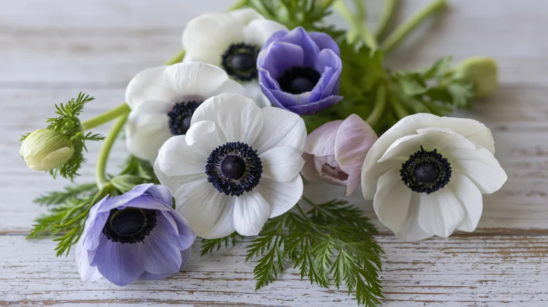 White and purple anemone flowers with dark centers arranged on a weathered wooden surface