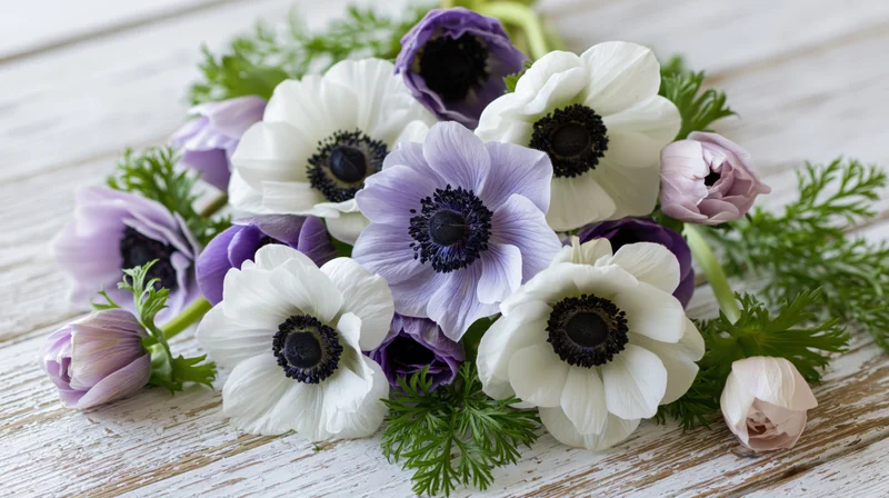 White and purple anemone flowers with dark centers arranged on a weathered wooden surface with green foliage