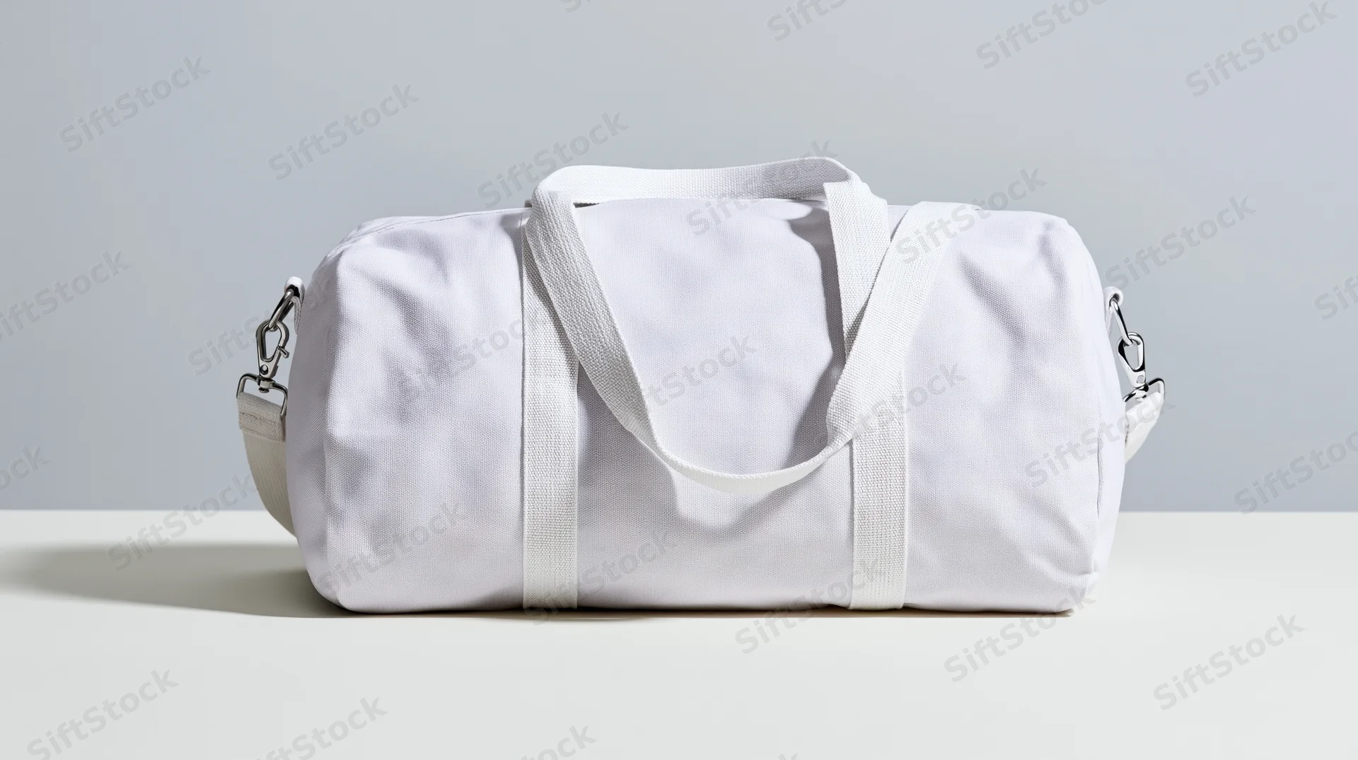 White canvas duffel bag sitting upright on a flat surface with straps and metal buckles, isolated against a light gray background