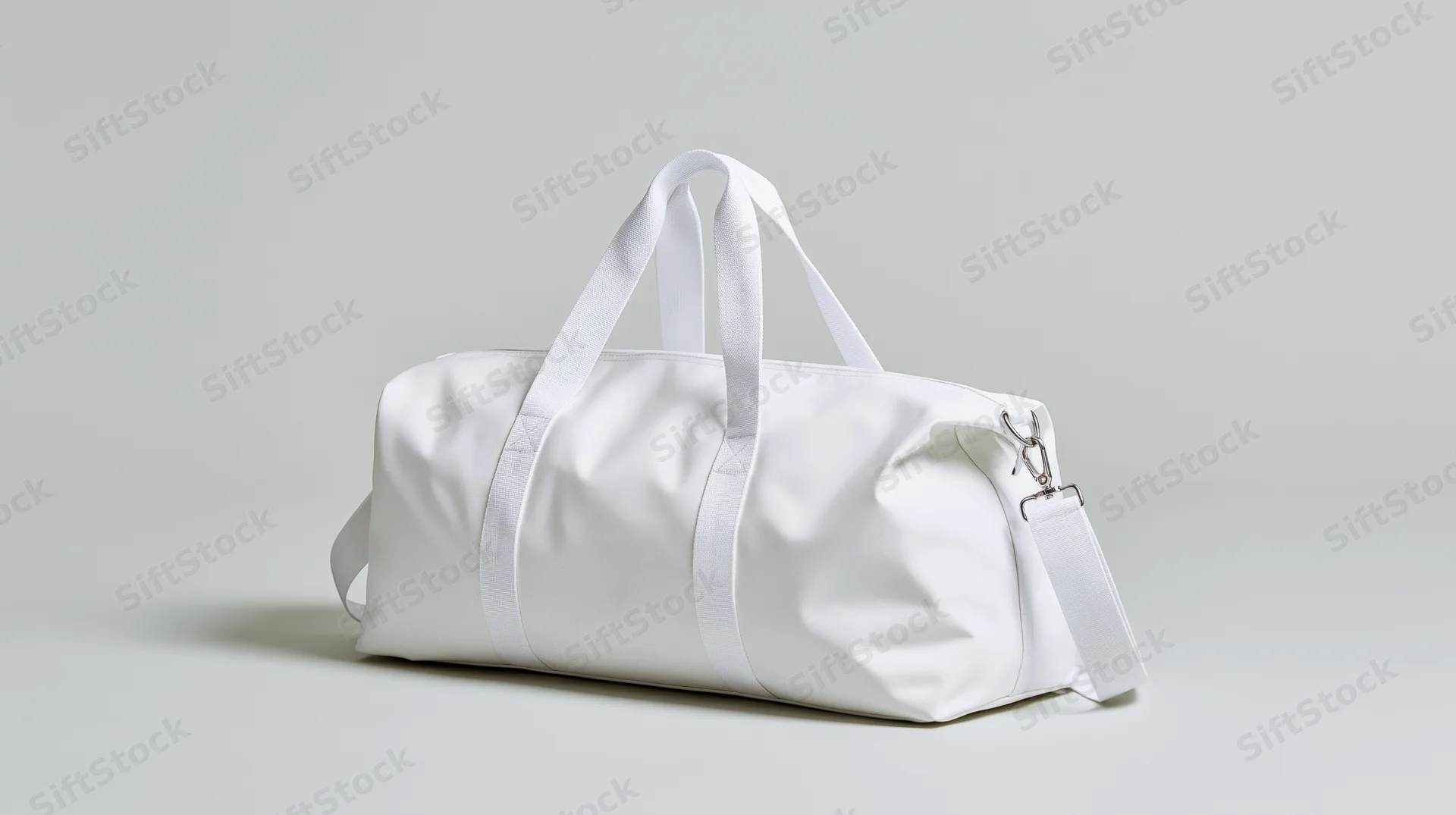 White canvas duffel bag with handles and zipper closure on plain surface