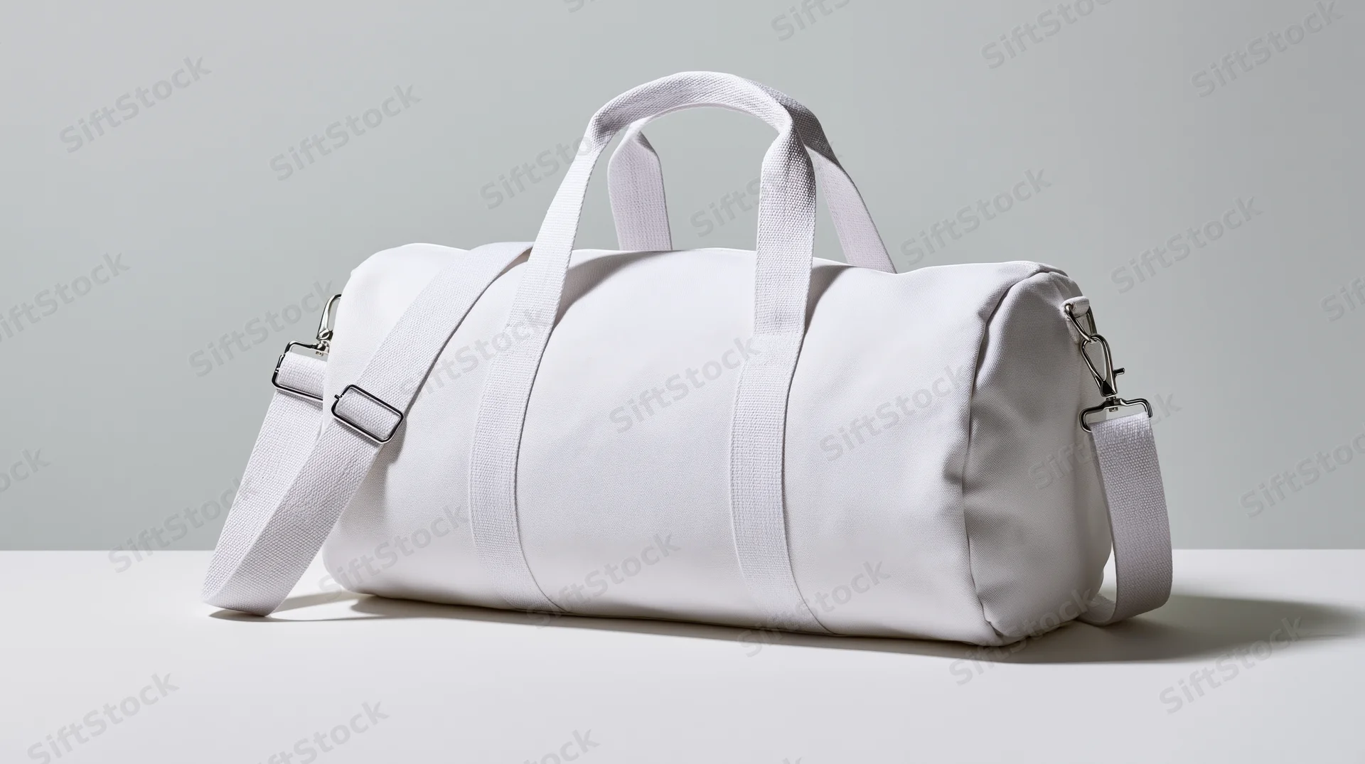 White canvas duffel bag with straps and handles on a plain surface